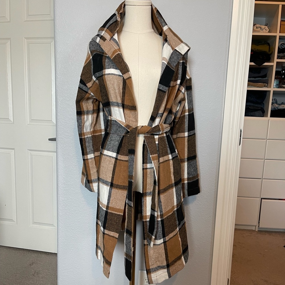 Plaid Hooded Belted Light Coat Size L